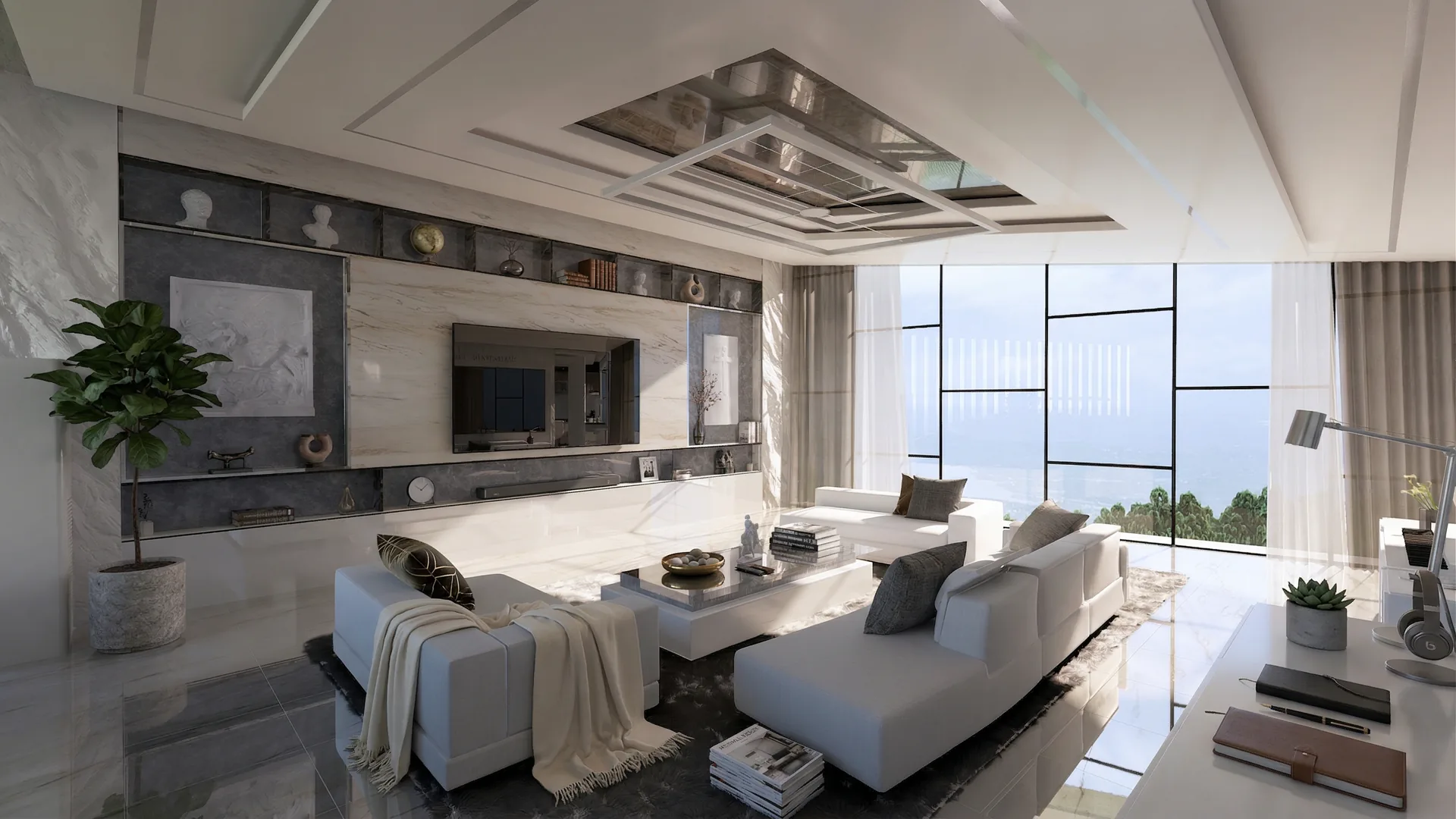 Cliff House interior concept with warm timber and framed landscape